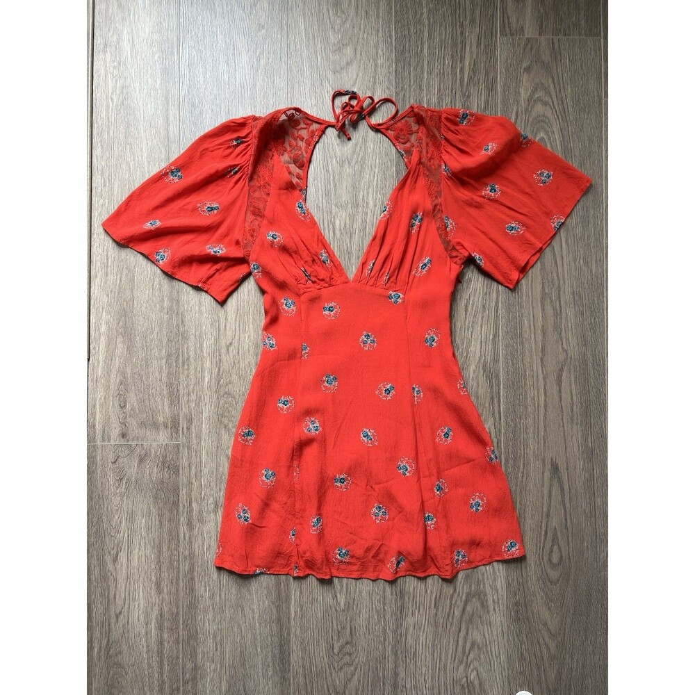 Free People Mockingbird Dress 6 Backless Mini Orange Red Lace Flirty Floral Boho - Picture 2 of 16